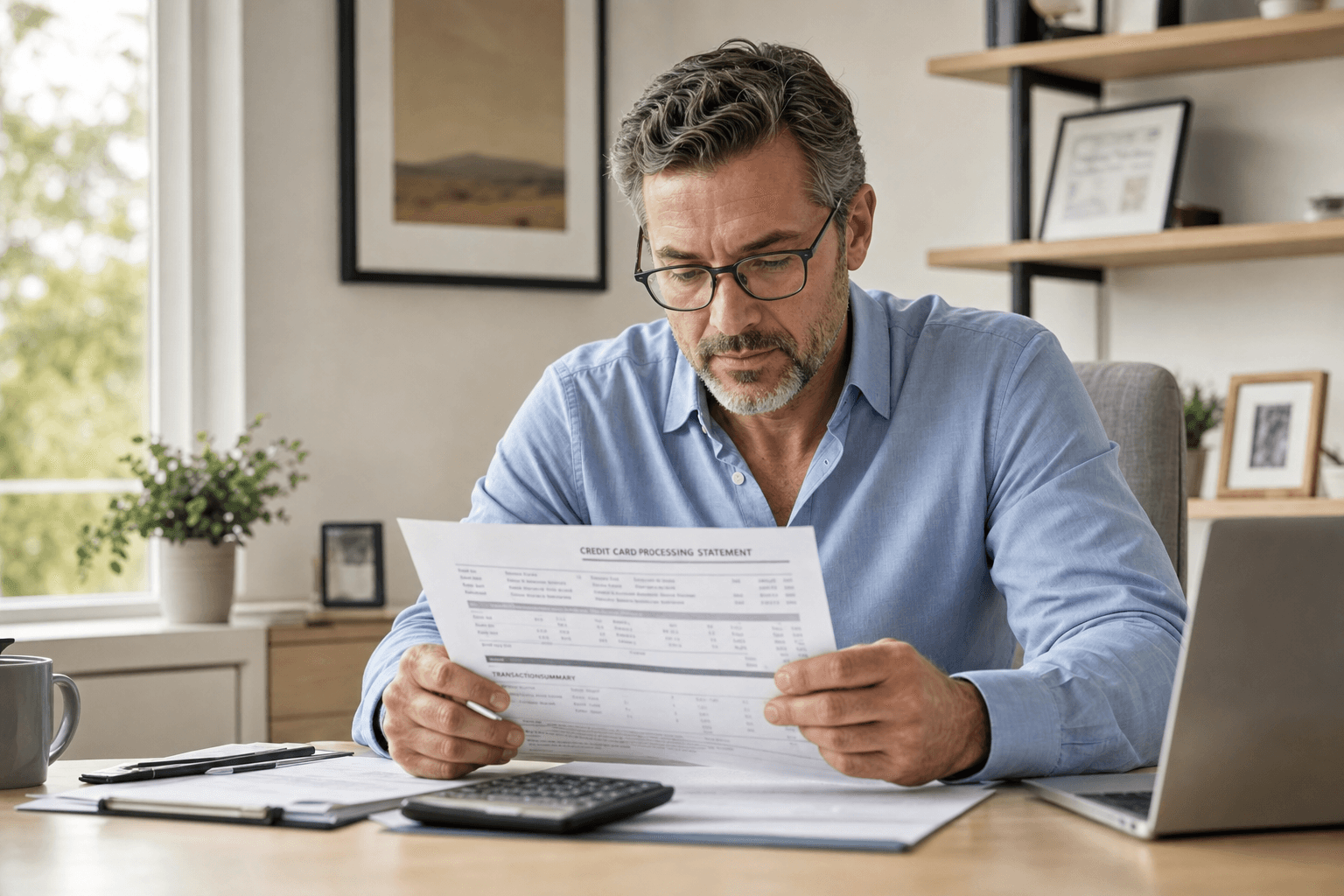 CFO reviewing credit card processing statement line items to reduce processing fees