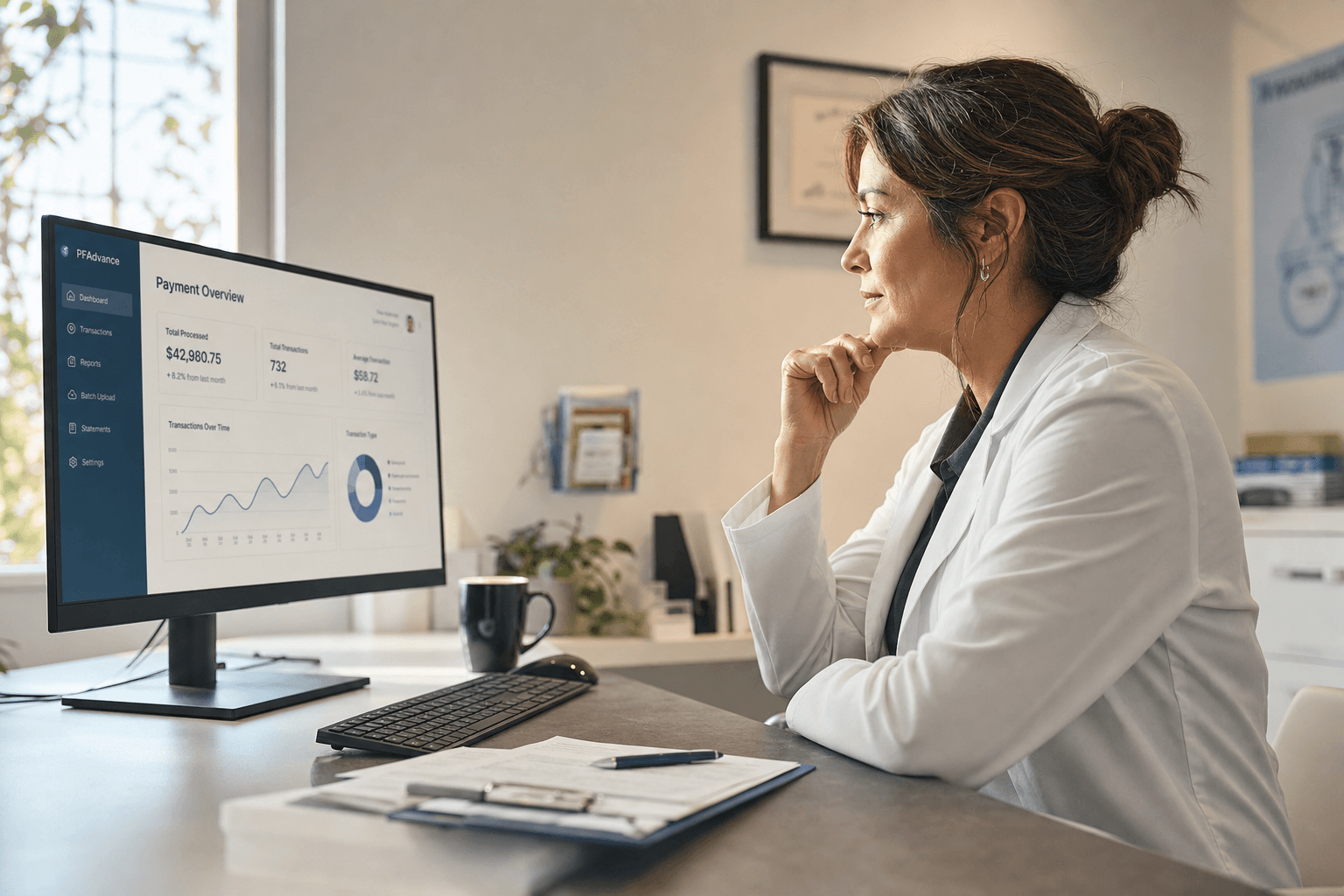 The psychology of staying with your bank's merchant services: a merchant reviewing payment terminal costs at a retail counter