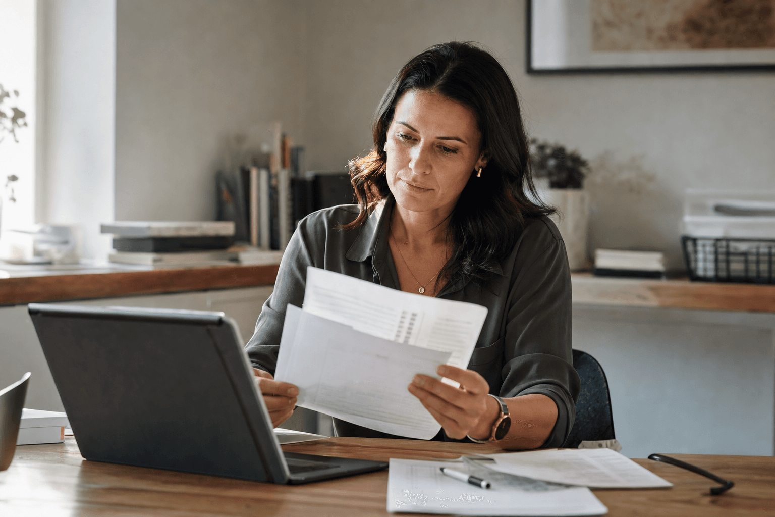The psychology of staying with your bank's merchant services shown through a merchant reviewing a payment statement at a desk